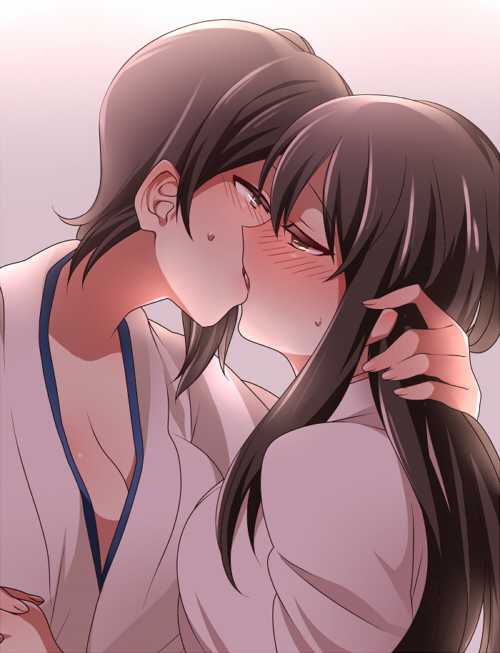 2girls, 2koma, akagi_(kantai_collection), blush, brown_eyes, brown_hair, comic, japanese_clothes