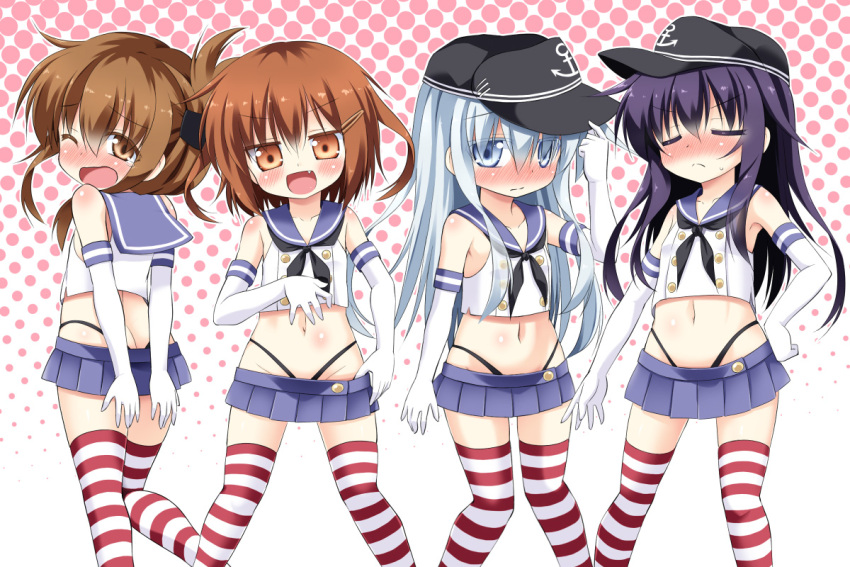 4girls, akatsuki_(kantai_collection), bare_shoulders, black_panties, blue_eyes, blue_hair, blush, brown_eyes