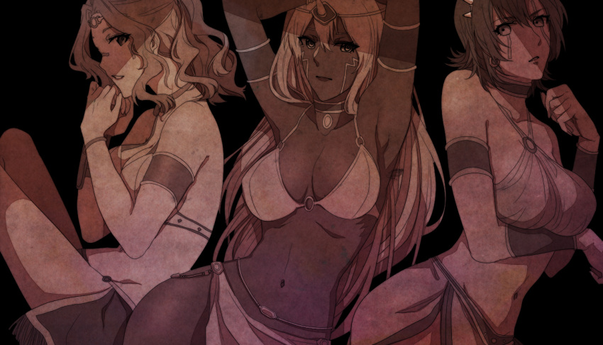 3girls, bikini_top, breasts, dark_skin, facial_mark, horn, jojo_no_kimyou_na_bouken, large_breasts