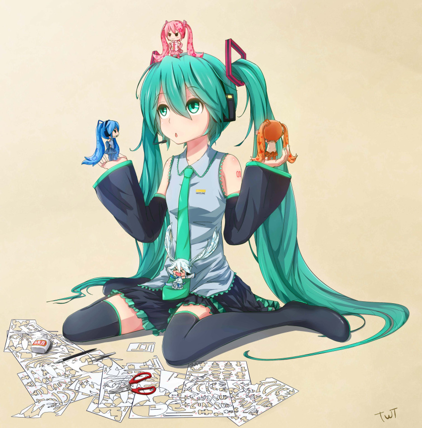 absurdres, artist_name, blue_eyes, blue_hair, boots, character_name, chibi, detached_sleeves