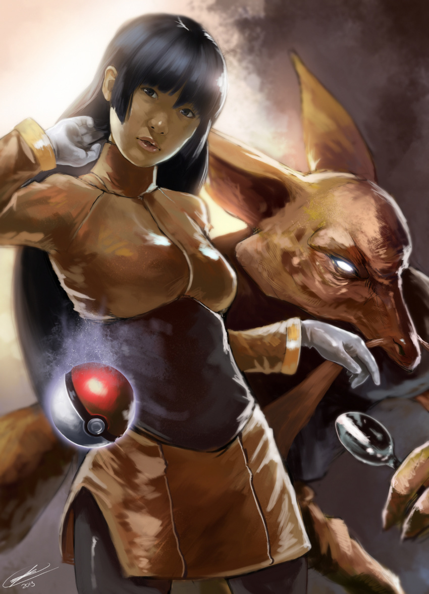 1girl, alakazam, black_hair, black_legwear, breasts, error_(artist), gloves, glowing, glowing_eyes, gym_leader, highres, levitation, lips, long_hair, natsume_(pokemon), nose, pantyhose, pokemon, pokemon_(game), pokemon_rgby, realistic, solo, spoon, white_gloves