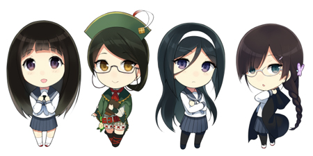 4girls, :d, black_hair, black_legwear, braid, character_request, chibi, chitanda_eru
