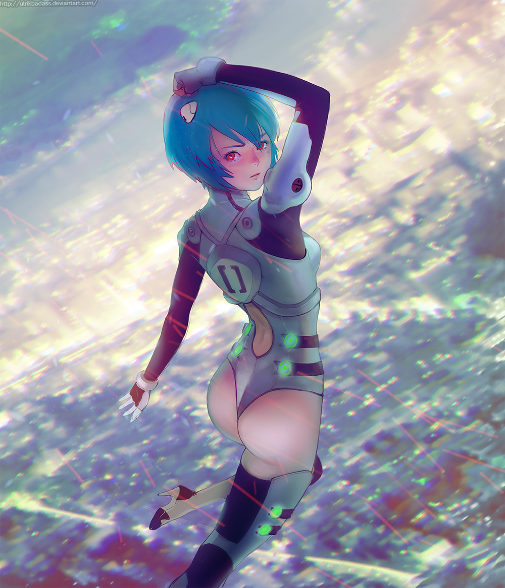 1girl, ass, ayanami_rei, blue_hair, high_heels, looking_at_viewer, looking_back, neon_genesis_evangelion, plugsuit, red_eyes, short_hair, sky, solo, super_plugsuit, ulrik