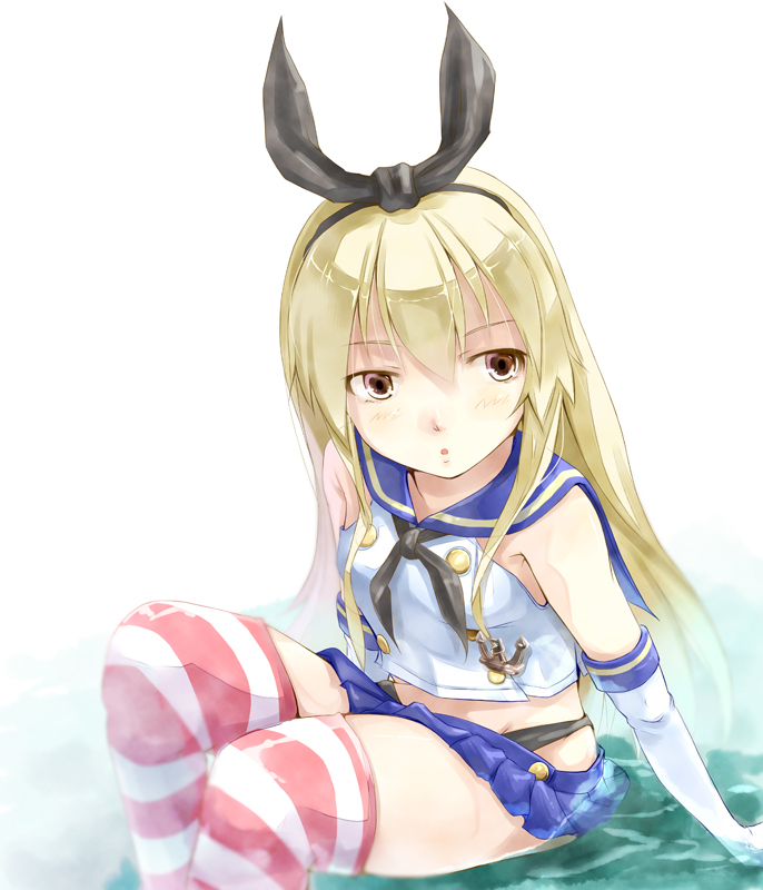 1girl, anchor, black_bow, black_panties, blonde_hair, blush, bow, buttons