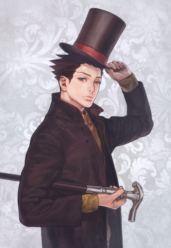 1boy, a_k_i, black_hair, blue_eyes, cane, coat, grey_background, gyakuten_saiban
