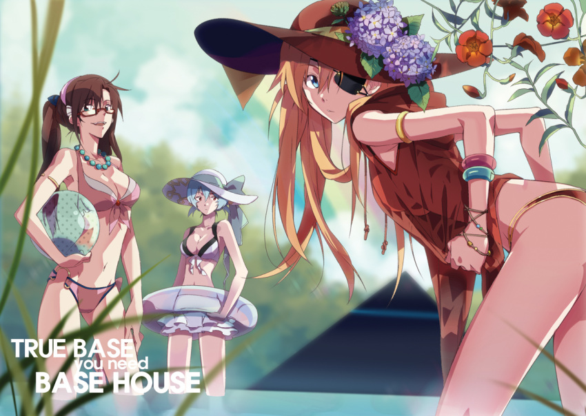3girls, alternate_hairstyle, armlet, ayanami_rei, ball, beachball, bikini, bikini_bottom