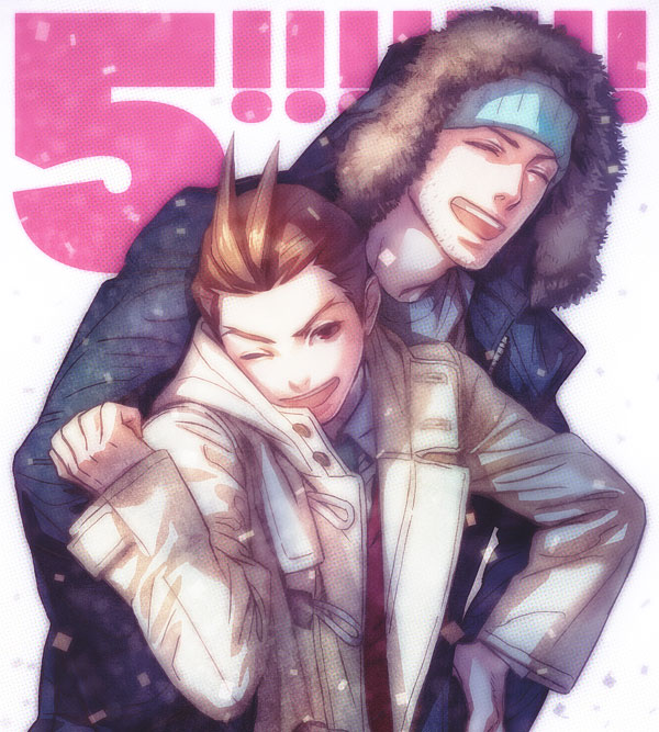 2boys, a_k_i, adam's_apple, beanie, brown_eyes, brown_hair, coat, dress_shirt