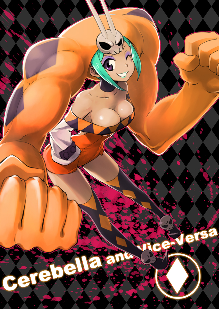 1girl, ;), aqua_hair, argyle, argyle_legwear, bare_shoulders, boots, breasts, brown_eyes, cerebella_(skullgirls), cleavage, clenched_hands, dark_skin, detached_collar, detached_sleeves, dress, eyeshadow, green_lipstick, grin, hand_on_hip, hat, horns, kishiro_(michiko), large_breasts, lipstick, living_clothes, makeup, pointy_shoes, short_dress, short_hair, skull, skullgirls, smile, thigh_boots, thighhighs, vice-versa_(skullgirls), wink