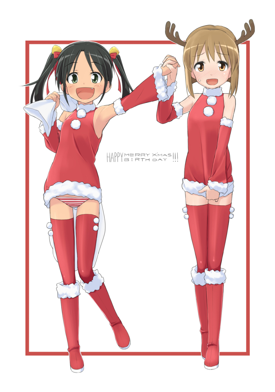 2girls, bell, black_hair, blush, boots, brown_eyes, brown_hair, christmas