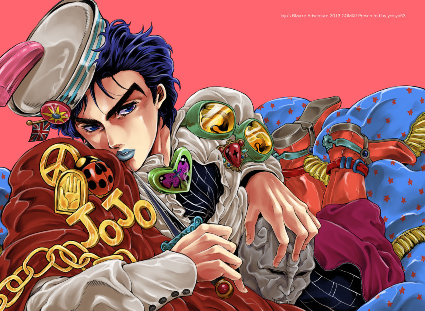 1boy, blue_eyes, blue_hair, butterfly, chain, dixie_cup_hat, flag, goggles