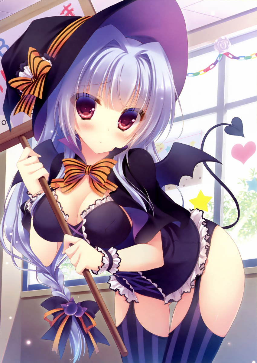 1girl, absurdres, bent_over, blue_hair, blush, braid, breasts, capelet