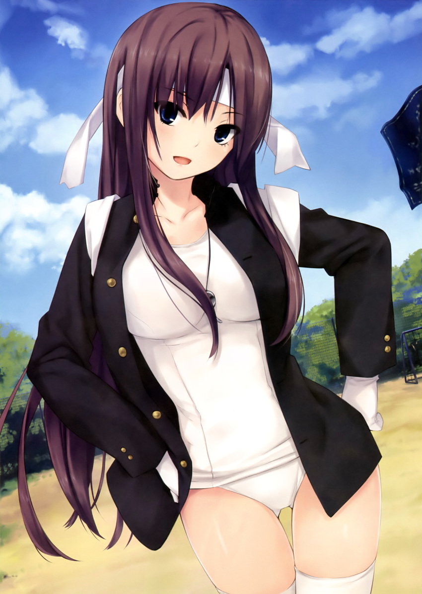 1girl, :d, absurdres, blue_eyes, brown_hair, cheerleader, coffee-kizoku, dengeki_moeou