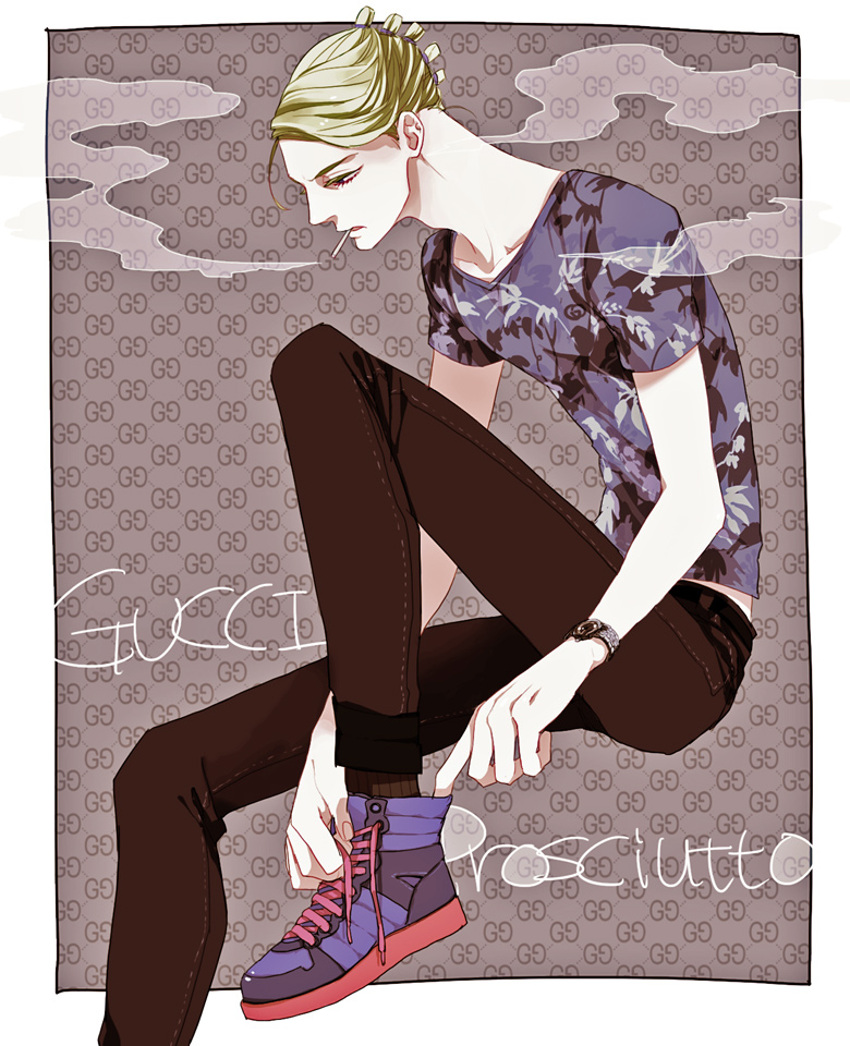 1boy, blonde_hair, casual, cigarette, fuhmin, jojo_no_kimyou_na_bouken, prosciutto, shoes