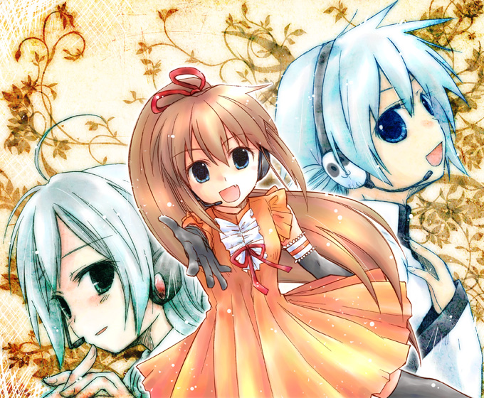ahoge, blue_eyes, blue_hair, brown_hair, chikori_(pixiv612561), dress, fang, hair_ribbon