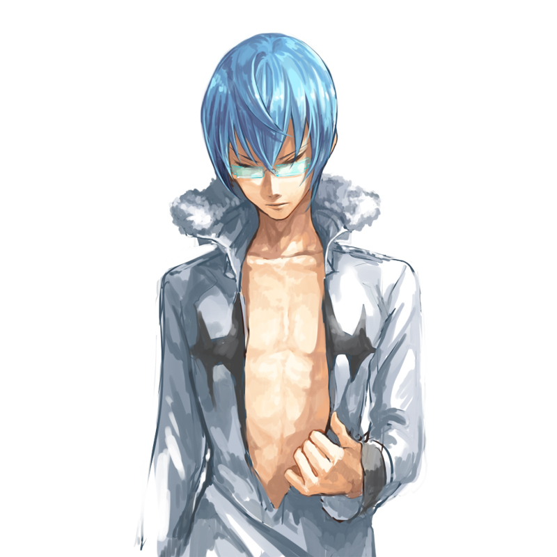 1boy, blue_hair, closed_eyes, glasses, inumuta_houka, kill_la_kill, male, moru_moru_moru