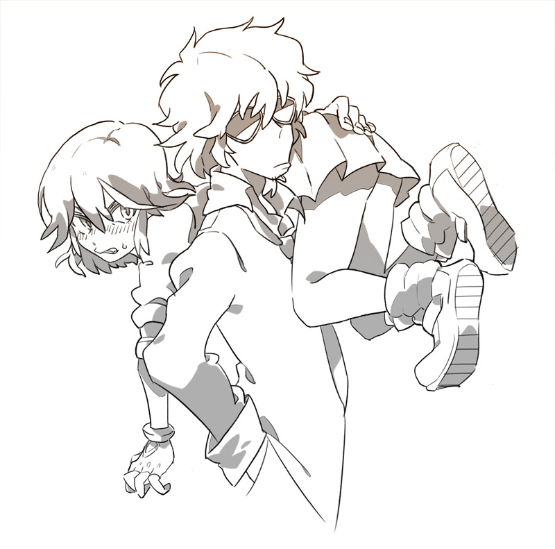 1boy, 1girl, carrying, carrying_over_shoulder, glasses, inoueeen, kill_la_kill, matoi_ryuuko