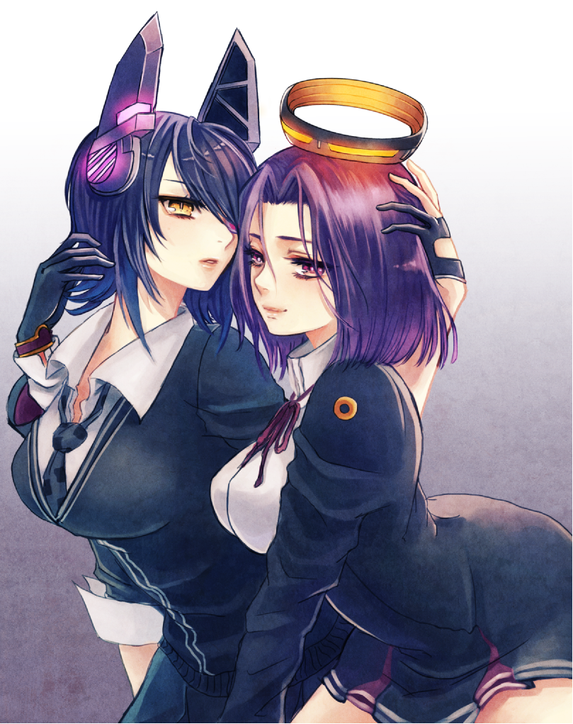 2girls, checkered_necktie, elk_(zrkn69), eyepatch, fingerless_gloves, gloves, headgear, hug, kantai_collection, mechanical_halo, multiple_girls, personification, purple_hair, ribbon, short_hair, smile, tatsuta_(kantai_collection), tenryuu_(kantai_collection), violet_eyes, yellow_eyes