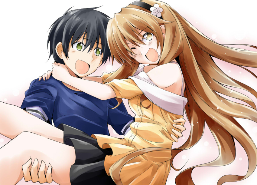 1boy, 1girl, ascii_media_works, bibi, black_hair, brown_eyes, brown_hair, carrying