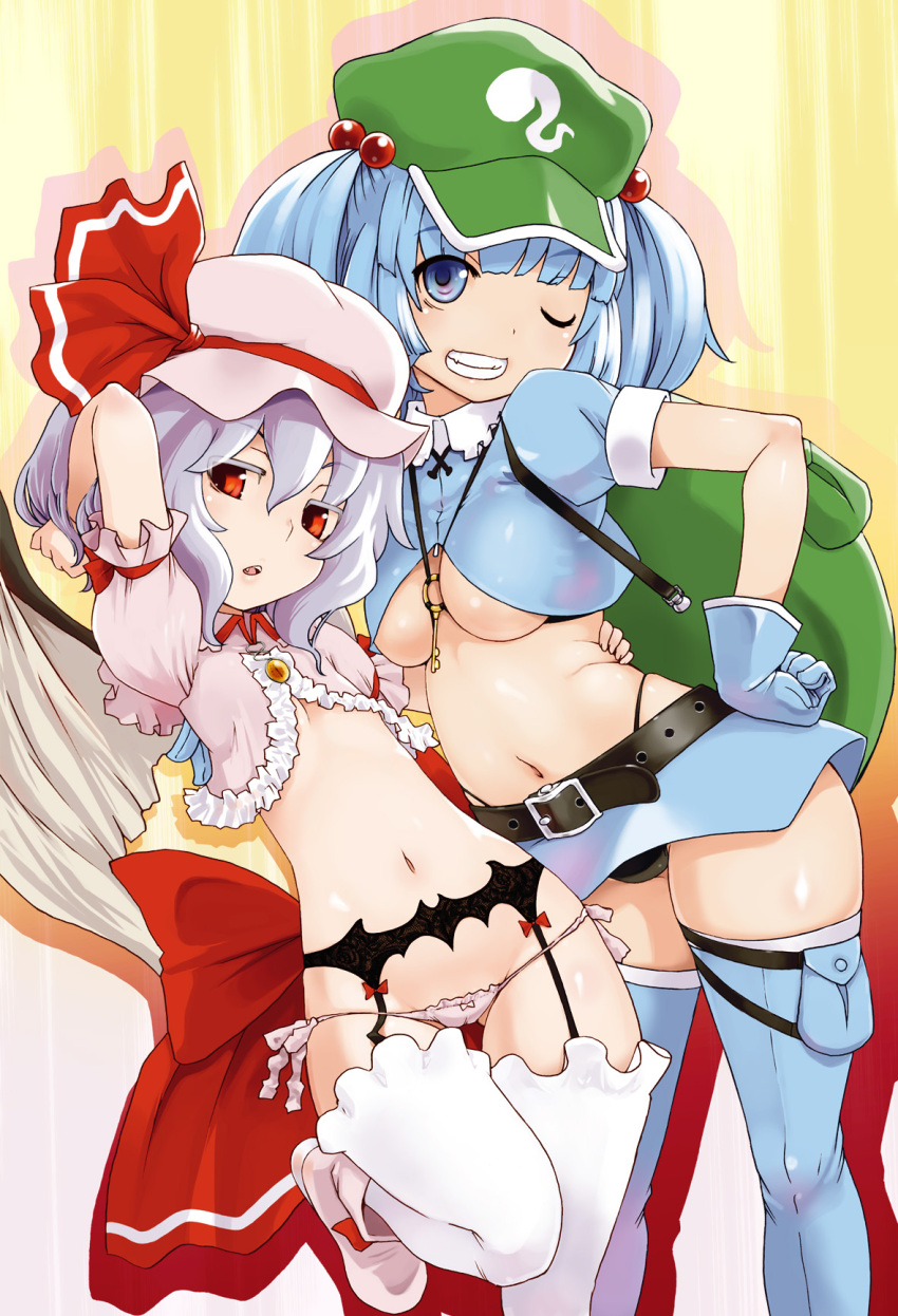 2girls, backpack, bag, black_panties, blue_eyes, blue_hair, boots, breasts