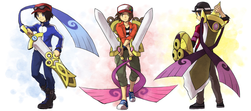 1boy, aegislash, black_hair, blue_eyes, calme_(pokemon), doublade, dual_wielding, hat, hk_(nt), honedge, multiple_persona, pokemon, pokemon_(creature), pokemon_(game), pokemon_xy, sheath, shield, smile, sunglasses, sword, unsheathing, weapon, yellow_eyes