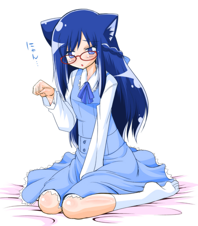 1girl, animal_ears, blue_dress, blue_eyes, blue_hair, blush, braid, cat_ears
