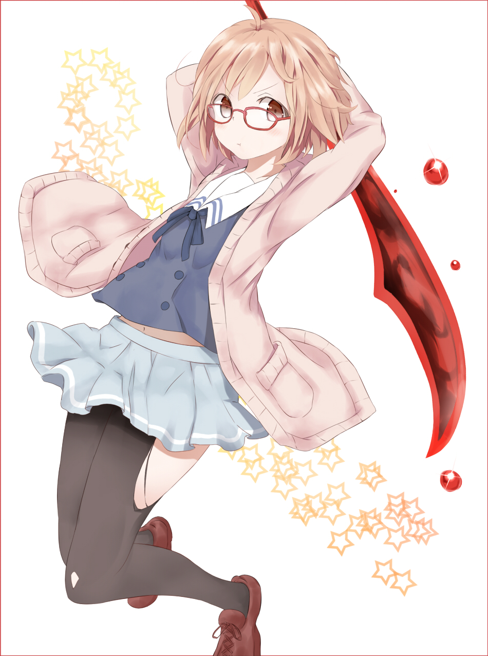 1girl, black_legwear, blonde_hair, blood, blush, bob_cut, brown_eyes, cardigan
