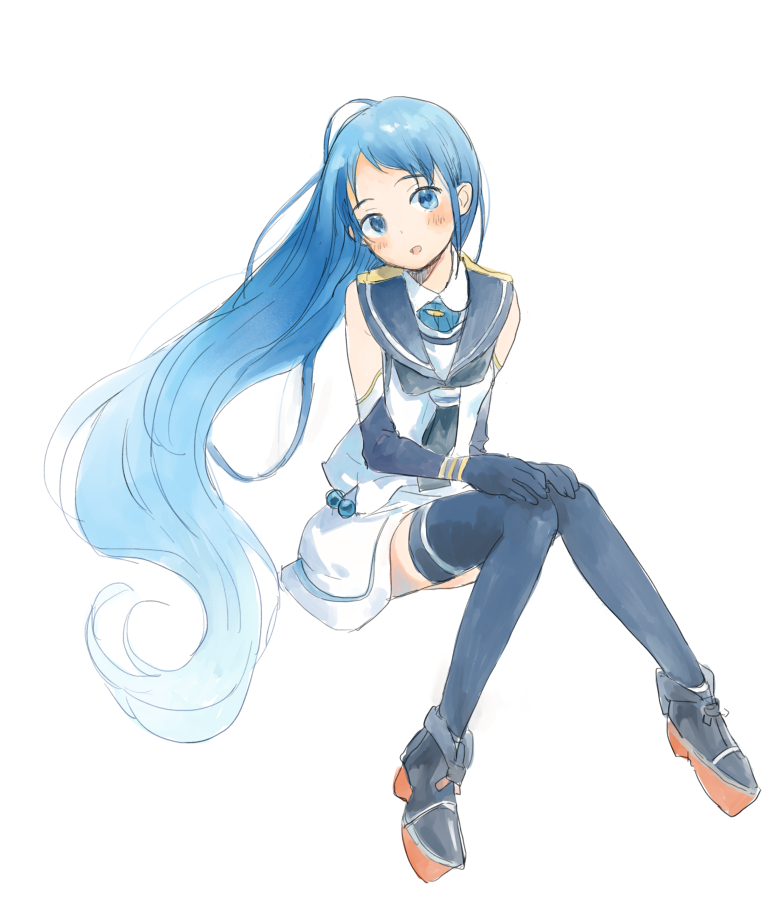 1girl, blue_eyes, blue_hair, blue_legwear, blush, gradient_hair, ima_(minitomato123), kantai_collection, long_hair, looking_at_viewer, multicolored_hair, personification, pleated_skirt, samidare_(kantai_collection), school_uniform, serafuku, skirt, smile, solo, thighhighs, very_long_hair, white_background, zettai_ryouiki