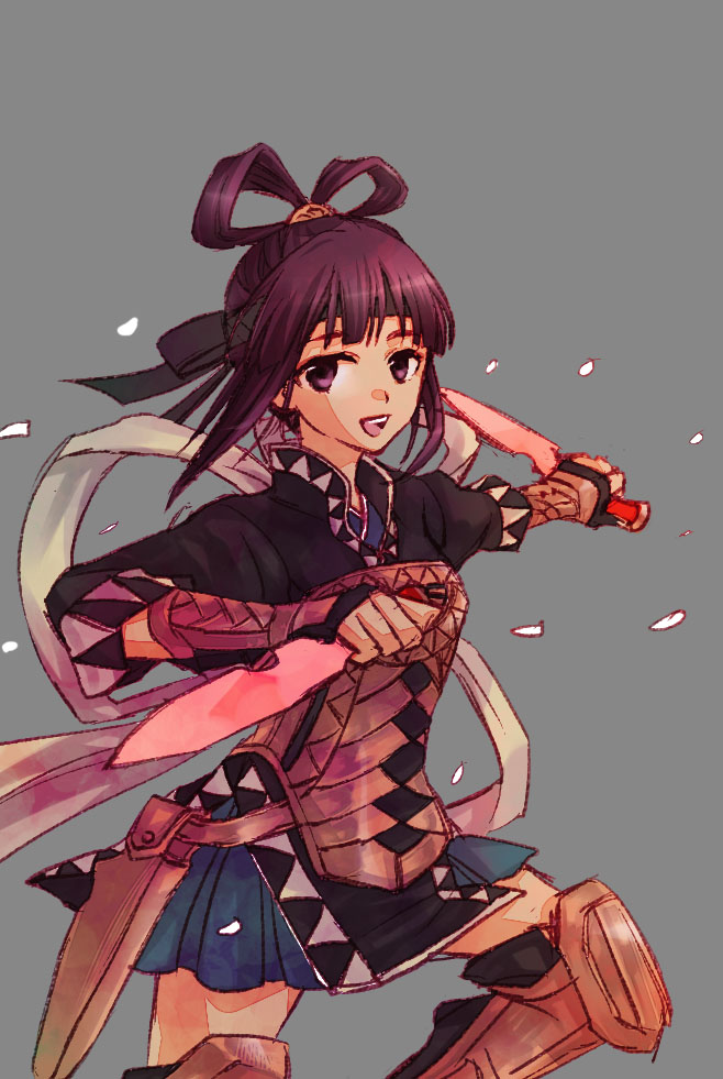 1girl, :d, armor, bow, brown_eyes, brown_hair, dagger, dual_wielding, fingerless_gloves, furiko, gensou_suikoden, gensou_suikoden_v, gloves, grey_background, hair_bow, hair_ornament, knee_pads, large_bow, looking_at_viewer, miakis, open_mouth, reverse_grip, sheath, simple_background, skirt, smile, solo, thigh-highs, weapon, zettai_ryouiki