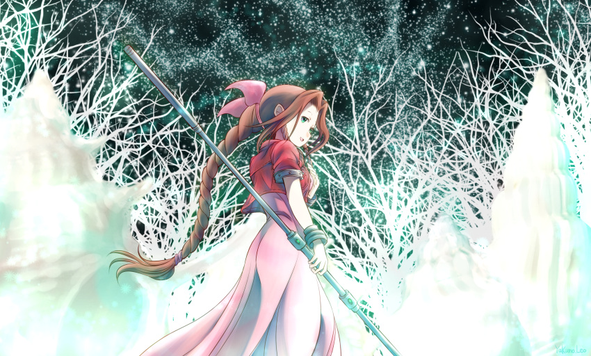 1girl, aerith_gainsborough, bracelet, braid, brown_hair, cropped_jacket, dress, final_fantasy