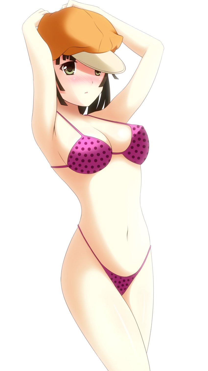 1girl, bakemonogatari, bikini, brown_eyes, brown_hair, cabbie_hat, hat, highleg