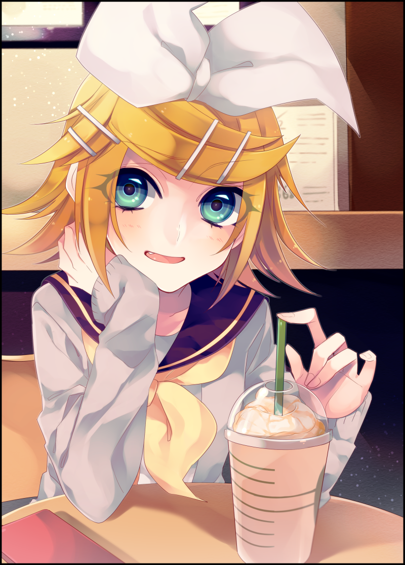 1girl, aqua_eyes, blonde_hair, blush, cup, drink, fang, hair_ornament, hair_ribbon, hairclip, kagamine_rin, looking_at_viewer, oniyama831, open_mouth, ribbon, sailor_collar, short_hair, sitting, smile, solo, straw, sweater, vocaloid