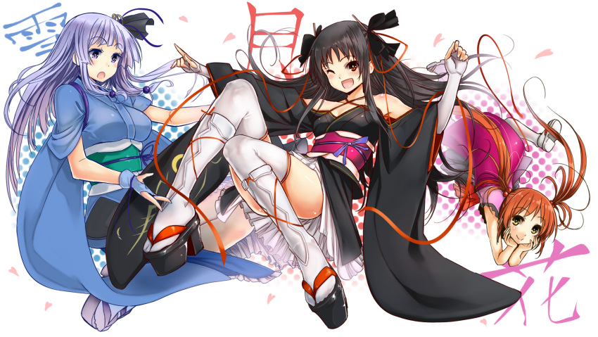 3girls, :d, black_hair, blush, bow, child, dress, fingerless_gloves