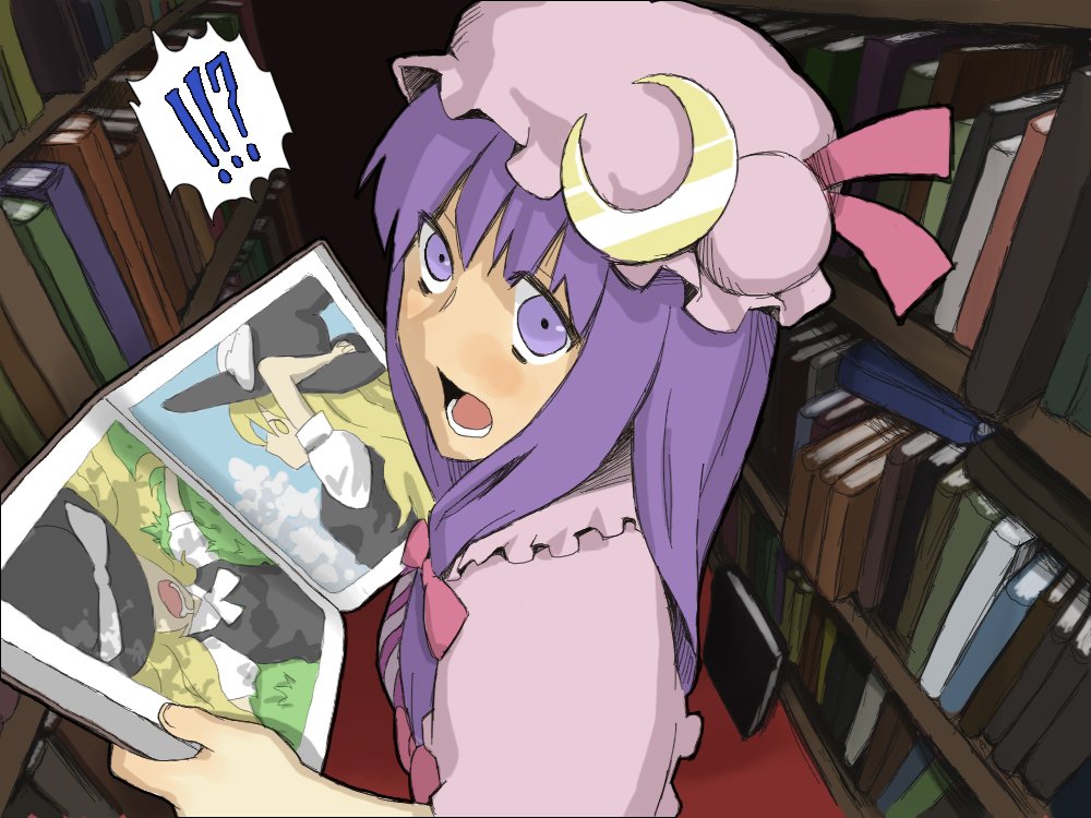 !?, blonde_hair, book, bookshelf, cloud, hair_ribbon, hat, kirisame_marisa