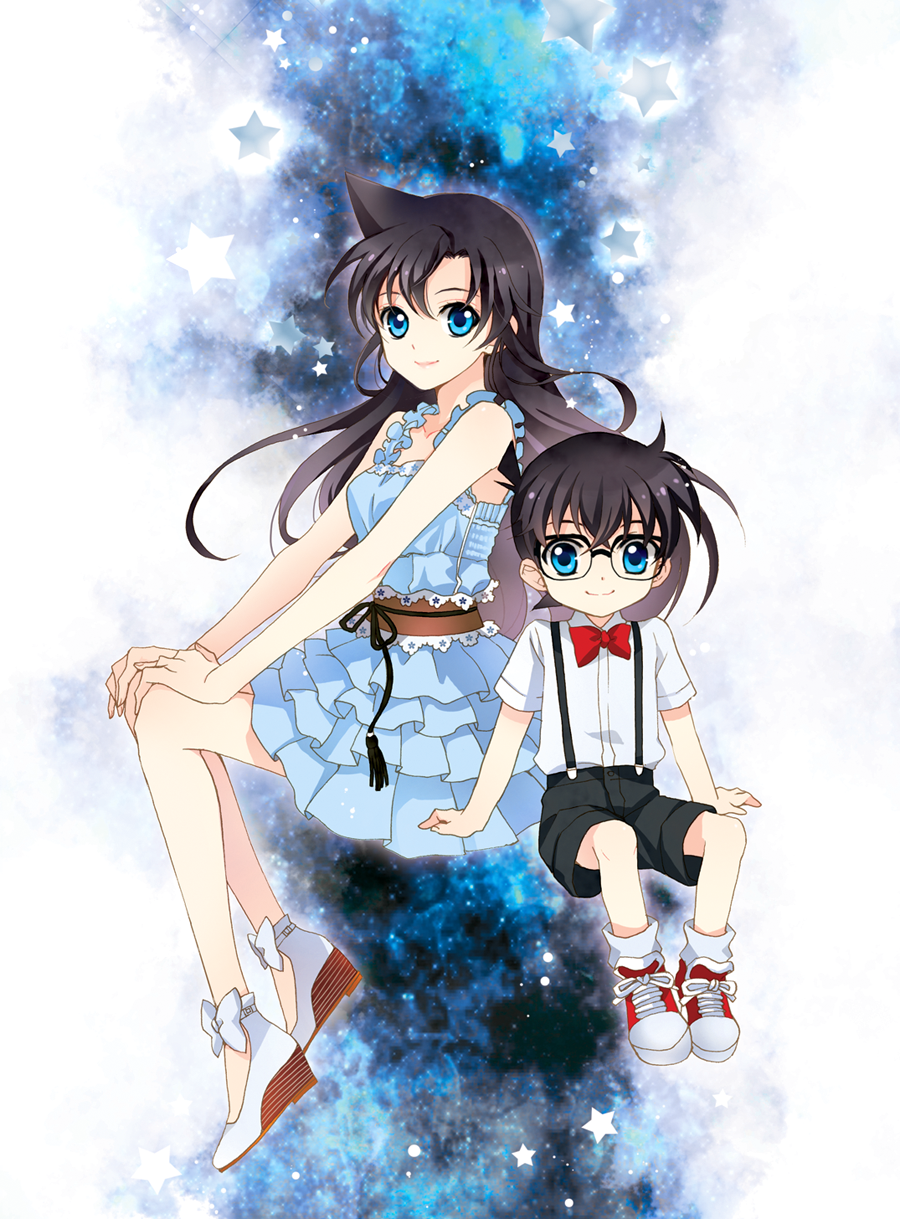 1boy, 1girl, ahoge, black_hair, blue_eyes, dress, edogawa_conan, glasses