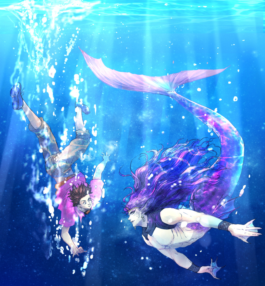 2boys, aonekonbu, brown_hair, cars_(jojo), george_joestar_ii, jojo_no_kimyou_na_bouken, mermaid, monster_girl, multiple_boys, purple_hair, shorts, underwater