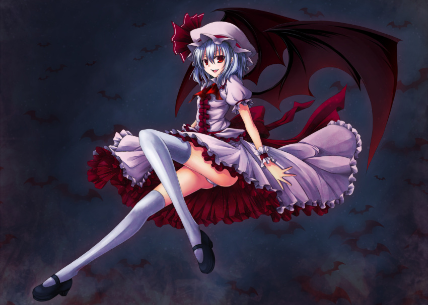 bat_wings, blue_hair, fangs, hat, highres, legs, looking_at_viewer, mary_janes, open_mouth, panties, red_eyes, remilia_scarlet, shoes, short_hair, smile, thigh-highs, thighhighs, touhou, underwear, utakata_(0824), utakata_(artist), wings, wrist_cuffs