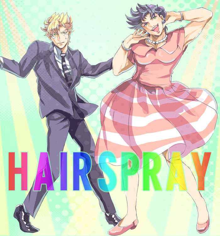 2boys, black_hair, blonde_hair, bracelet, caesar_anthonio_zeppeli, crossdressinging, dancing, dress, facial_mark, formal, hairspray, jewelry, jojo_no_kimyou_na_bouken, joseph_joestar_(young), multiple_boys, necktie, parody, rag713kuro2, suit