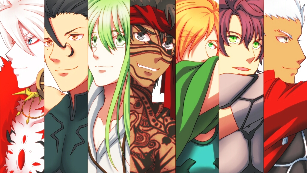 6+boys, archer, archer_(fate/extra), archer_of_black, avenger, black_eyes, black_hair, blonde_hair, enkidu_(fate/strange_fake), fate/apocrypha, fate/extra, fate/hollow_ataraxia, fate/stay_night, fate/strange_fake, fate/zero, fate_(series), green_eyes, green_hair, lancer_(fate/zero), lancer_of_red, long_hair, mikecat, multiple_boys, parody, redhead, uta_no_prince-sama, white_hair, yellow_eyes