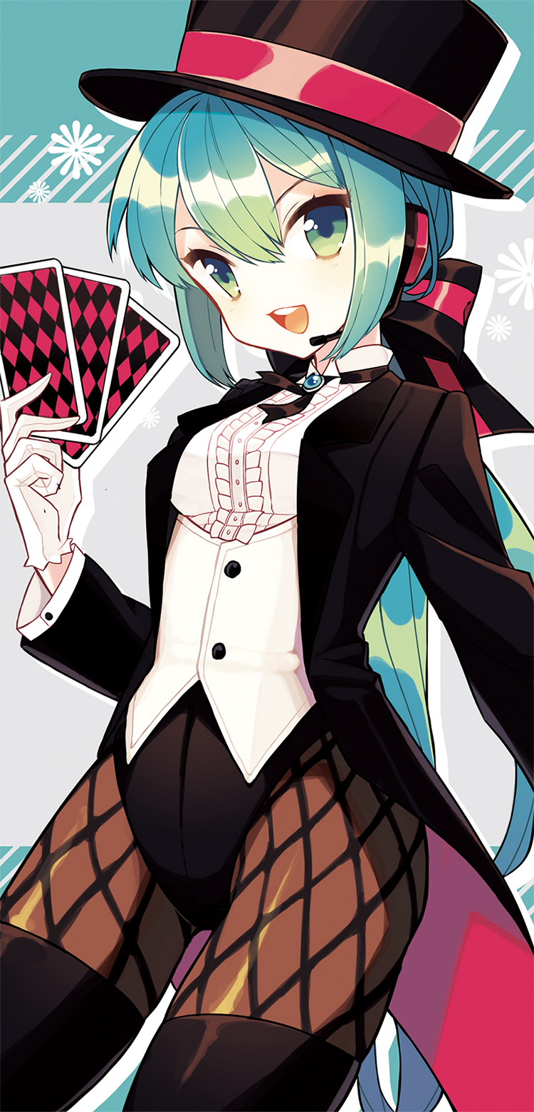 1girl, aqua_hair, card, fishnet_pantyhose, fishnets, gloves, green_eyes, hat