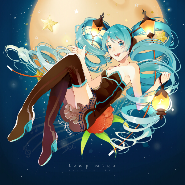1girl, aqua_eyes, aqua_hair, boots, character_name, drill_hair, fen_renlei, full_moon