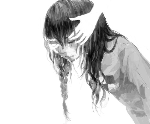 1girl, aotsuki-a, closed_eyes, hands_on_head, lips, lowres, madotsuki, monochrome