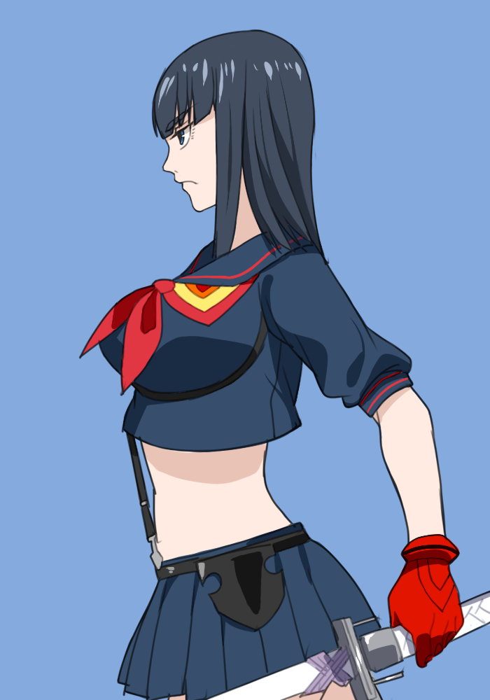 1girl, alternate_hair_length, alternate_hairstyle, black_hair, blue_eyes, gloves, kill_la_kill, kiryuuin_satsuki, living_clothes, matoi_ryuuko, matoi_ryuuko_(cosplay), midriff, pisshine, school_uniform, senketsu, serafuku, short_hair, skirt, sleeves_rolled_up, solo, suspenders, sword, weapon