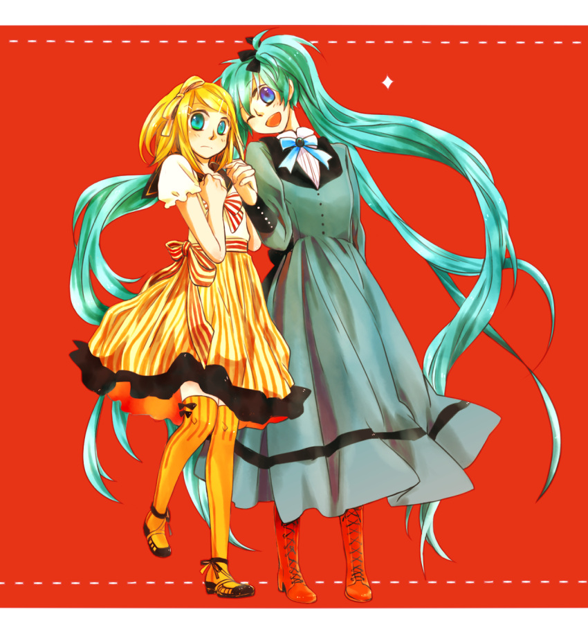 2girls, absurdly_long_hair, blonde_hair, blue_eyes, boots, cross-laced_footwear, dress, green_eyes, green_hair, hair_ornament, hairclip, hatsune_miku, highres, holding_hands, kagamine_rin, lace-up_boots, letterboxed, long_hair, multiple_girls, open_mouth, red_background, rose09, short_hair, thighhighs, twintails, very_long_hair, vocaloid, wink, yellow_legwear