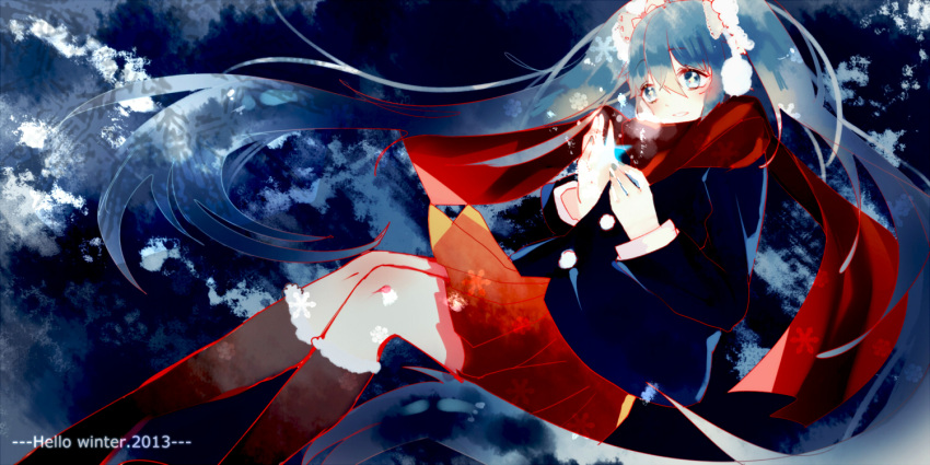 1girl, aqua_eyes, aqua_hair, hanaka, hatsune_miku, kneehighs, long_hair, scarf, skirt, solo, twintails, very_long_hair, vocaloid