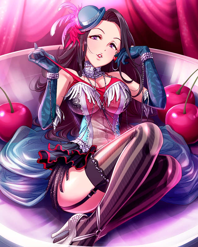 1girl, black_hair, black_legwear, breasts, cleavage, elbow_gloves, garter_belt, gloves