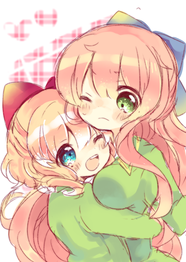 2girls, blonde_hair, blue_bow, blue_eyes, bow, curly_(jintai), green_eyes, green_shirt