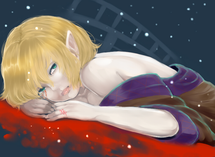 1girl, bare_back, bare_shoulders, blonde_hair, blood, bloody_tears, expressionless, eyelashes