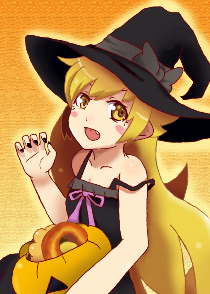 1girl, blonde_hair, doughnut, fang, fooring, halloween, hat, jack-o'-lantern, long_hair, monogatari_(series), oshino_shinobu, otorimonogatari, pumpkin, strap_slip, witch_hat, yellow_eyes