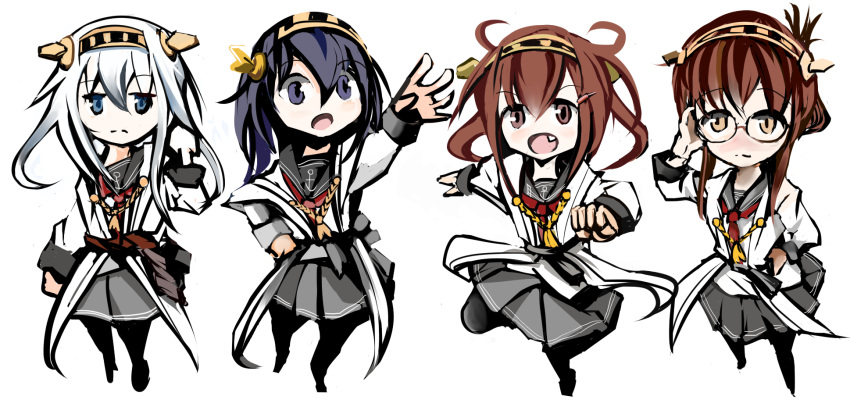 4girls, adjusting_glasses, akatsuki_(kantai_collection), bare_shoulders, blue_eyes, blue_hair, brown_eyes, brown_hair, comic, detached_sleeves, glasses, hair_ornament, hairband, haruna_(kantai_collection), haruna_(kantai_collection)_(cosplay), hibiki_(kantai_collection), hiei_(kantai_collection), hiei_(kantai_collection)_(cosplay), highres, ikazuchi_(kantai_collection), inazuma_(kantai_collection), japanese_clothes, kantai_collection, kirishima_(kantai_collection), kirishima_(kantai_collection)_(cosplay), kongou_(kantai_collection), kongou_(kantai_collection)_(cosplay), kotoritoripyo_(longdestiny102), long_hair, multiple_girls, open_mouth, personification, short_hair, silver_hair, skirt, smile