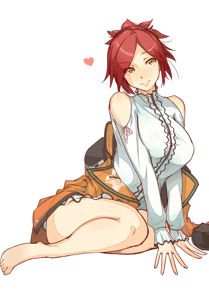 1girl, arm_support, azanami_(pso2), bare_shoulders, barefoot, blush, breasts, heart, jacket, large_breasts, phantasy_star, phantasy_star_online_2, redhead, short_hair, simple_background, sitting, smile, solo, tokiwa_mmm, v_arms, white_background, yellow_eyes